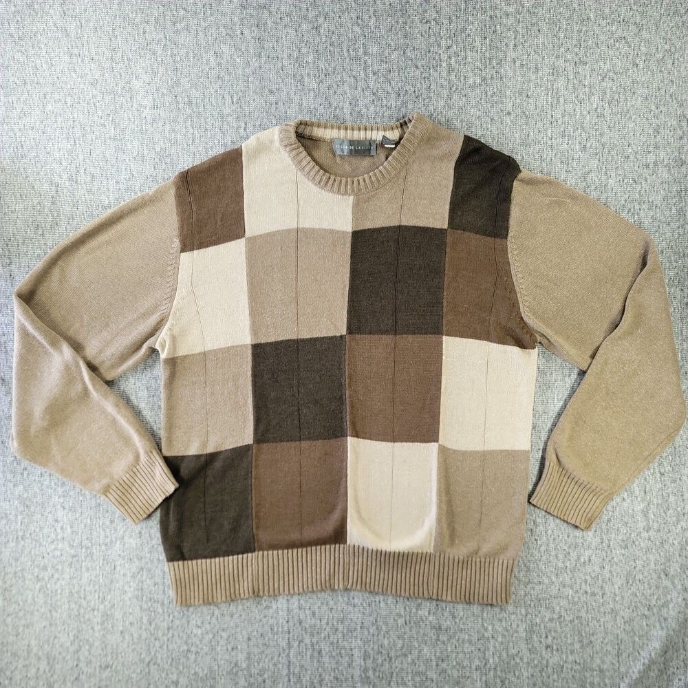 Oscar de la Renta Men's 2XL Sweater Chocolate Brown Tan Checkered Knit Pullover